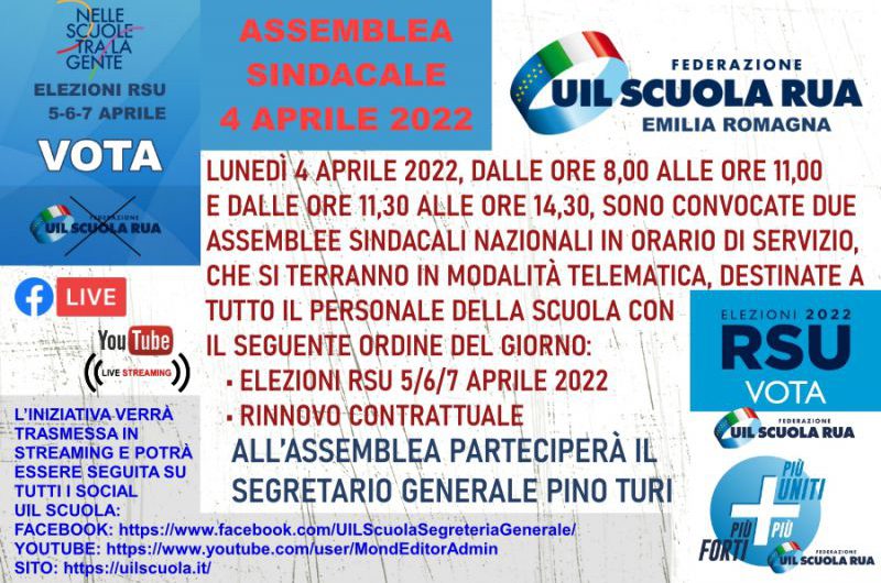 Assemblee sindacali regionali in orario di servizio – lunedì 4 aprile 2022, dalle ore 8,00 alle ore 11,00 e dalle ore 11,30 alle ore 14,30