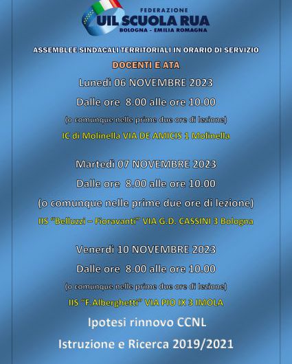 Assemblee sindacali territoriali in orario di servizio – Ipotesi rinnovo CCNL Istruzione e Ricerca 2019/21 – lunedì 6 novembre, martedì 7 novembre e venerdì 10 novembre dalle ore 8.00 alle ore 10.00