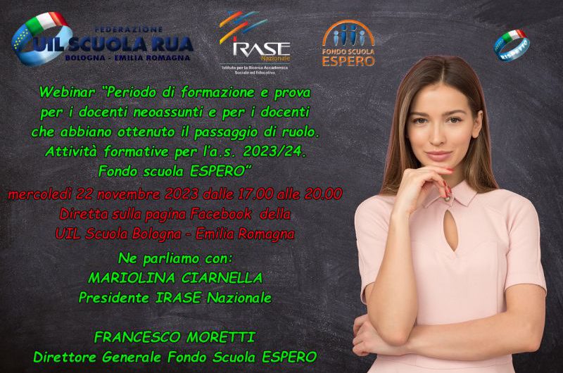 Webinar “Periodo di formazione e prova per i docenti neoassunti e per i docenti che abbiano ottenuto il passaggio di ruolo. Attività formative per l’a.s. 2023/24. Fondo scuola ESPERO” – mercoledì 22 novembre dalle 17.00 alle 20.00