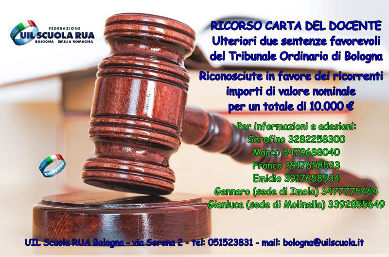 RICORSO CARTA DEL DOCENTE | ulteriori due sentenze favorevoli del Tribunale di Bologna