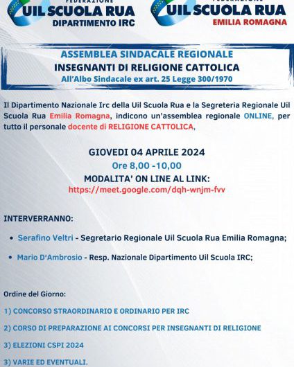 Assemblea sindacale in orario di servizio destinata a tutto il personale docente di religione cattolica – giovedì 04 aprile 2024 dalle 08.00 alle 10.00