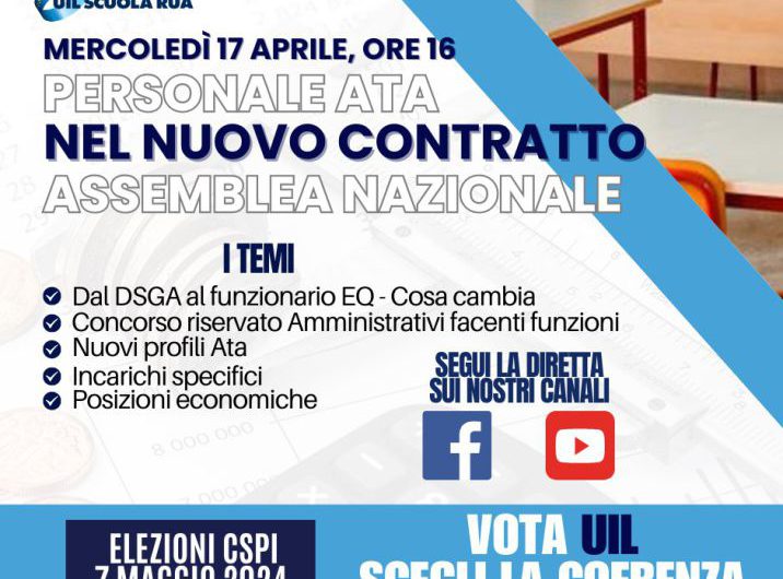 Personale Ata nel nuovo contratto, il 17 aprile assemblea nazionale in DIRETTA