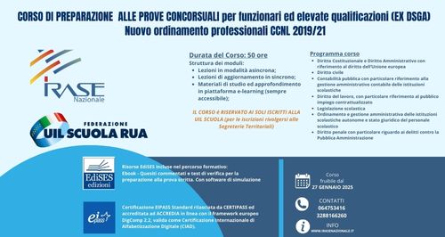IRASE NAZIONALE | CORSO DI PREPARAZIONE ALLE PROVE CONCORSUALI per funzionari ed elevate qualificazioni (EX DSGA) – nuovo ordinamento professionali CCNL 2019/21