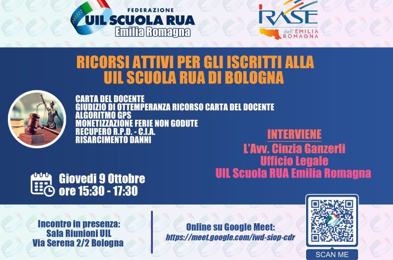 Ricorsi attivi per gli iscritti alla UIL Scuola RUA Bologna | PERSONALE DOCENTE e ATA – GIOVEDI’ 09 OTTOBRE DALLE 15.30