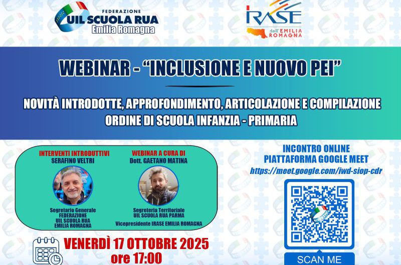 Webinar “Inclusione e nuovo PEI: novità introdotte, approfondimento, articolazione e compilazione, ordine di scuola INFANZIA- PRIMARIA” – Venerdì 17 ottobre ore 17.00