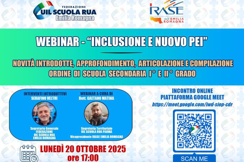 Webinar “Inclusione e nuovo PEI: novità introdotte, approfondimento, articolazione e compilazione – ordine di scuola SECONDARIA DI I e II GRADO” – Lunedì 20 ottobre ore 17.00