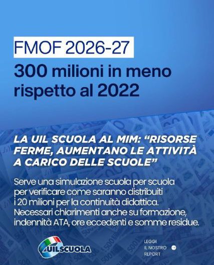 FMOF 2026/27, 300 milioni in meno rispetto al 2022. UIL Scuola: “Risorse ferme, aumentano le attività a carico delle scuole”