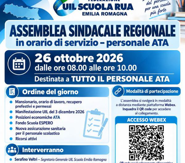 UIL Scuola Emilia Romagna | Assemblea sindacale regionale in orario di servizio Personale ATA lunedì 26 ottobre 2026 dalle 08.00 alle 10.00